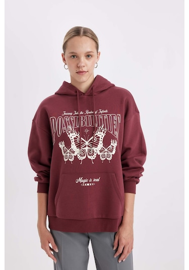 Defacto Oversize Geniş Kalıp Kapüşonlu Baskılı Kalın Sweatshirt C7816ax24wnbr237 Bordo