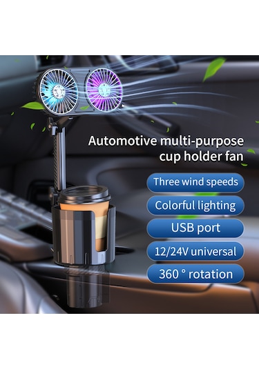 Reedark 360 Dönebilen Çift Başlıklı Araç Fanı - 3 Hız Ayarlı, Renkli Led Işıklı, 12v/24v Usb Şarjlı Otomobil Soğutucu