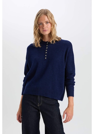 DeFacto Oversize Geniş Kalıp Düğmeli Yaka Triko Kazak D4913AXNSNV131 Lacivert