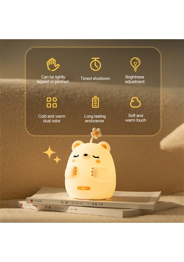 Wezone Karekterize Ayı Desenli Silikon Gece Lambası - Dokunarak Aç/kapat, Yumuşak Materyal, 2 Işık Tonu, Parlaklık Ayarlı, Göz Koruyucu Işık, 30 Dakika Zamanlayıcı, 1200mah Pil, Beyaz Beyaz