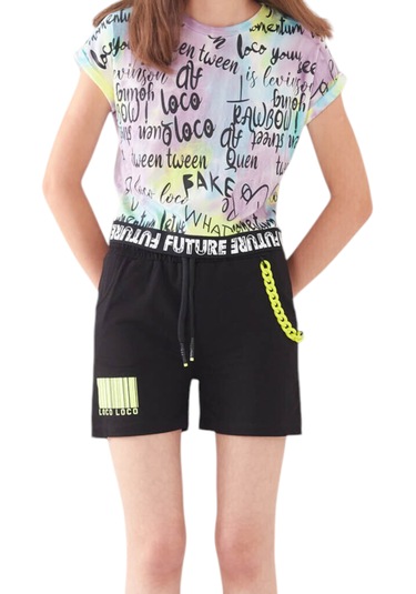 Kız Çocuk Future Yazılı Crop Tişört Zincir Detay Şortlu Takım Lila