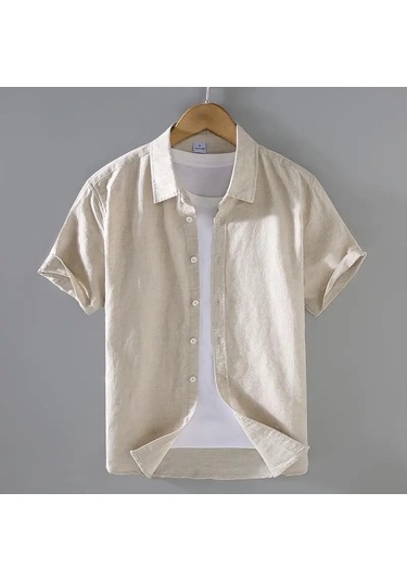 Zeeshant Pamuk Keten Erkek Kısa Kollu Gömlek Yaz Streetwear M-3xlhakierkek Haki