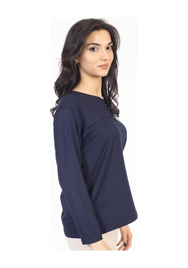 Yeni Sezon 2024 Sade Desen Yuvarlak Yaka Likralı Anne Penye Bluz 6484-lacivert Lacivert