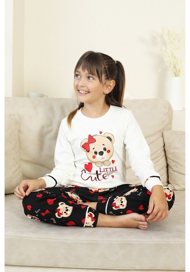 Kız Çocuk Ayıcık Baskılı %100 Pamuk İnterlok Kumaş Pijama Takımı 12347 Ekru