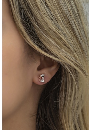 Nereze 925 Ayar Gümüş Minik Beyaz Taşlı Kedi Küpe