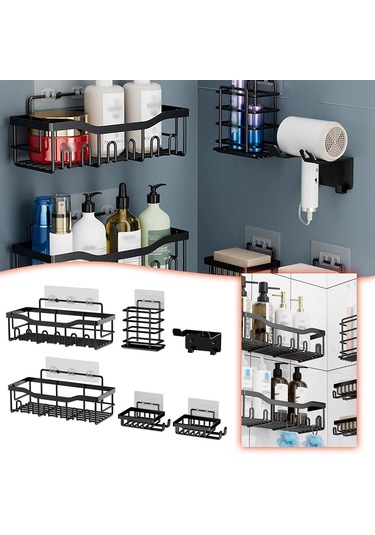 6 Adet / Takım 6 Kanca Tarzı Yumruksuz Karbon Çelik Depolama Sepeti Banyo Drenaj Organizasyon Rafı Gümüş