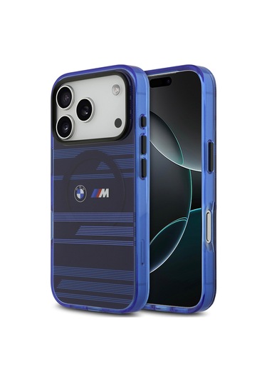 İphone 17 Pro Kılıf Bmw Lisanslı M-safeli Metal Kamera Butonlu Yatay Şeritli M Dizayn Kapak Mavi Mavi