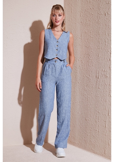 Lela Regular Fit Bol Paça Yelekli Bayan Takım 67045162S4 Indigo