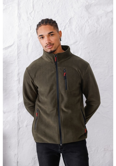 Monox Erkek Biyeli Fermuarlı Spor Polar Ceket Haki