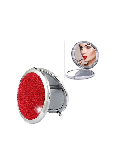 Sones Elmas İşlemeli Metal Çift Taraflı Katlanır Mini Taşınabilir Yuvarlak Küçük Makyaj Aynası Kırmızı