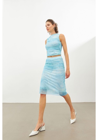 Stella Pulvis Mavi Büzgü Detaylı Beli Lastikli Midi Etek Mavi