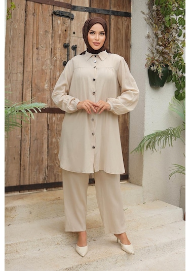 Büzgü Detaylı Tesettür Bej Takım Bej