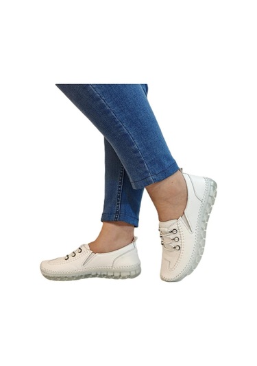 Voyager 9871 Beyaz Hakiki Deri Boncuklu Bayan Ayakkabı Beyaz