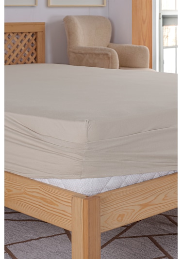 Penye-likralı Lastikli Çarşaf, 100 200 Tek Kişilik %100 Pamuk-elastan Örme Kumaş, 200 Gr/m²v Bej