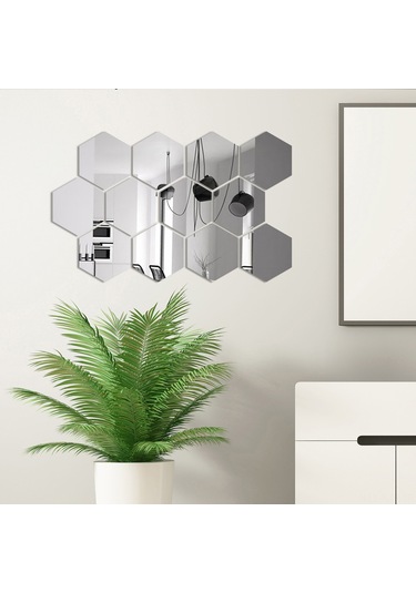 Jeehugo 12 Adet Silver Akrilik Hexagon Yansıtmali Duvar Sticker - Ev Dekoru Dıy - Çocuk Odası/yatak Odası/banyo Uygun - 20x17x10cm Gümüş