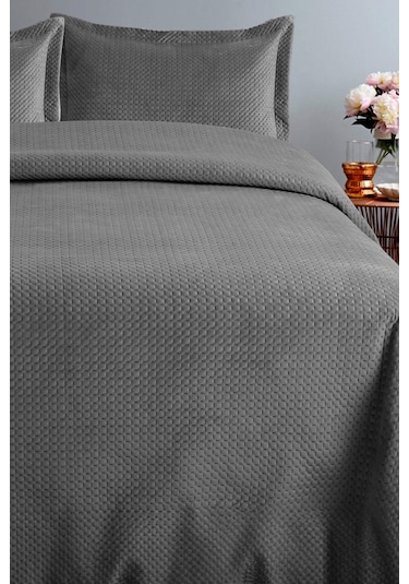 Lidia Kadife Çift Kişilik Yatak Örtüsü Takımı - Antrasit