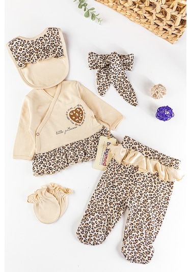 Babymod Leopar Baskılı Kız Bebek Hastane Çıkışı Takımı -  5 Parça Bej