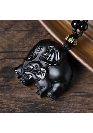 El Yapımı Örgü Siyah Obsidiyen Taş Fil Şekli Kolye Uzun Boncuk Zincir Kolye Hayvan Takı Kolye Kolyeler Altın - Beyaz