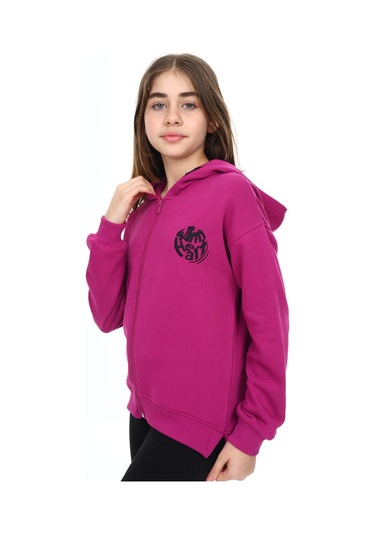 Toontoy Kız Çocuk Kapüşonlu Fermuarlı Düşük Omuz Nakış Baskılı Yırtmaç Detaylı Örme Hırka - 3 İplik Şardonsuz Mürdüm