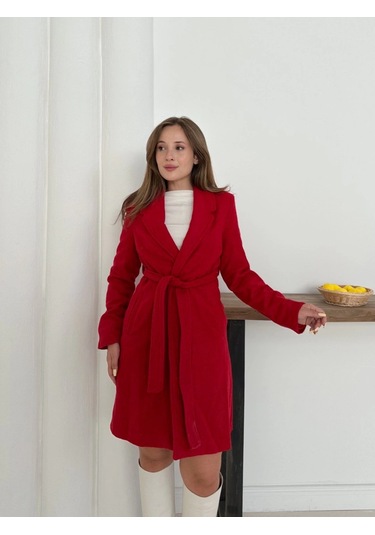 Cepli Kuşaklı Kaşe Kaban Kırmızı St26458 Kırmızı