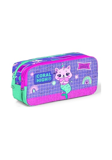Coral High Kids İki Bölmeli Kız Çocuk Pembe Mor Kedi Unicorn Kalem Çantası Kalemlik