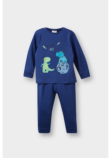 Defacto Erkek Bebek Pijama Takımı Dinozor Baskılı Uzun Kollu Üst Uzun Alt F0530a525auın59 İndigo