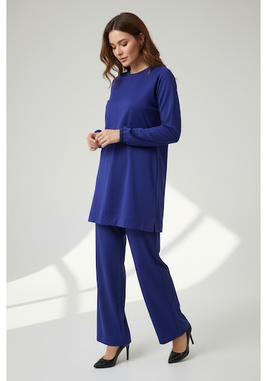 Kadın Tunik Önü Dikişli Altı Bantlı Pantolonun Beli Lastikli Önü Dikişli İkili Takım Mavi