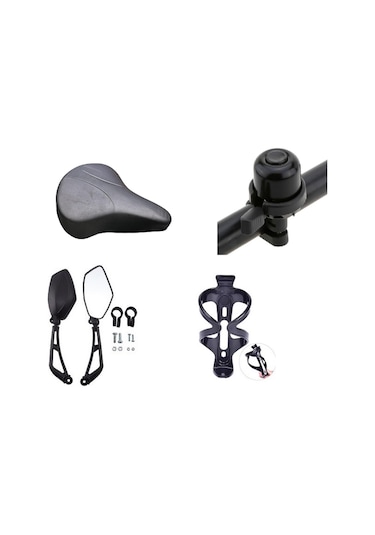 Bisiklet Yaylı Sele Aksesuar Seti 4 Parça Zil-kafes-sele-ayna Siyah