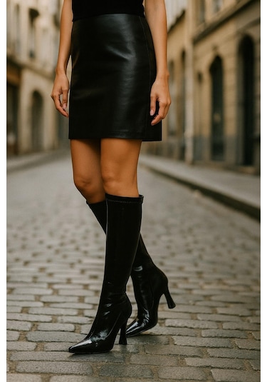 Diz Altı Streç Kadın Topuklu Çizme Siyah Rugan