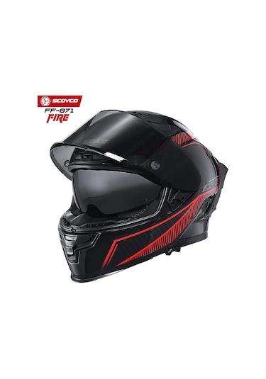 Scoyco FF-871 Fire Güneş Vizörlü Siyah Camlı Kapalı Kask Kırmızı - Siyah
