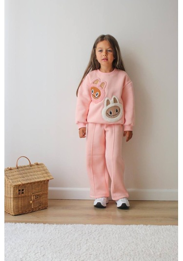 Kız Çocuk 3 İplik Şardonlu Peluş Baskı Detaylı Sweatshirt - Eşofman Alt Üst Takım Pudra Pembe - Gri