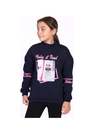Toontoy Kız Çocuk Baskılı Taş İşlemeli Balıkçı Yaka Sweatshirt Lacivert