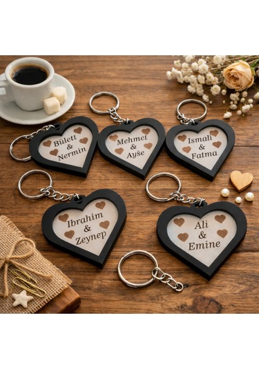Kalp Temalı Anahtarlık Ahşap Kişiye Özel 5 Adettir No47