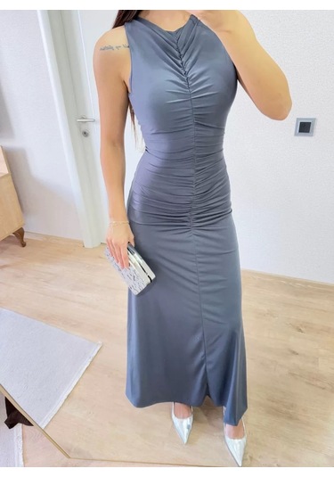 Bürümcük Kumaşlı İçi Astarlı Üzgülü Kolsuz Büzgülü Uzun Elbise - Füme Füme