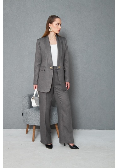 Kare Düğmeli Yünefekt Takım Antrasit Düz Antrasit