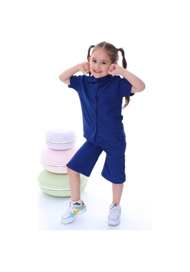 Kız Çocuk Desenli Gömlekli Takım-6370-Mavi