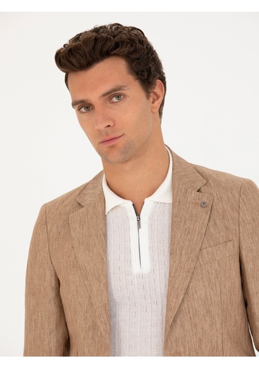 Cacharel Kahverengi Slim Fit %100 Keten Ceket