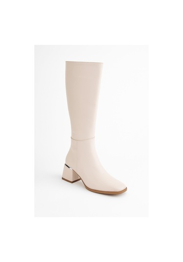 Kadın Topuk Detaylı Yandan Fermuarlı Uzun Çizme Bej