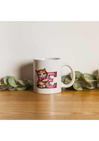 E Harfli Bardak, Sevimli Kedili Pembe Tasarım Bardak, Arkadaşa Aileye Hediye Porselen Beyaz