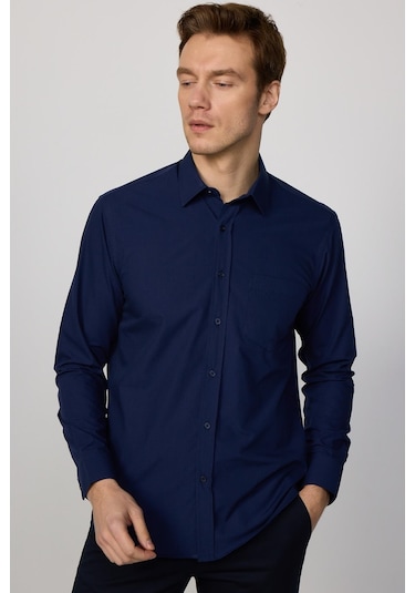 Tudors Klasik Fit Pamuklu Kolay Ütü Düz Lacivert Erkek Gömlek-30429-lacivert Lacivert