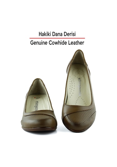 Erkan Saçmacı Sarah Kahverengi Hakiki Dana Derisi Delik Detaylı Kalın Topuklu Günlük Klasik Ayakkabı Kahverengi