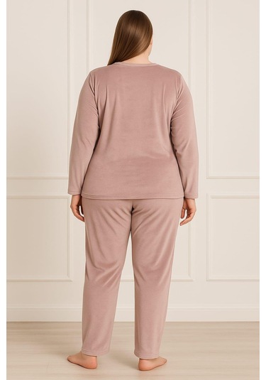 Kadın Büyük Beden 13213 Uzun Kol Kadife Pijama Takımı Pudra Pudra