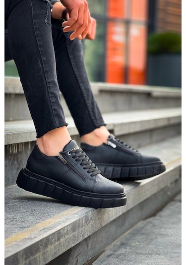 Kb-x155 Kuback Siyah Cilt Detaylı Siyah Yüksek Taban Günlük Spor Ayakkabı Siyah4 Siyah