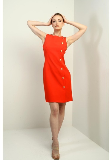 Kadın Kendinden Telalı Yan Düğmeli Kısa Elbise-40667 Mercan