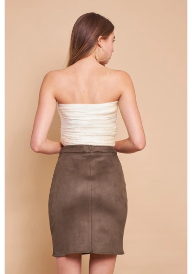 Kadın Hafif Likralı Süet Kumaş Yüksek Bel Diz Üstü Kalem Etek-haki Haki