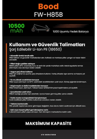 Bood FW-H85B / 36v 10500mAh Elektrikli Scooter Bataryası