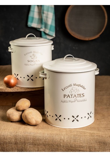 Lüx Metal Patates Soğanlık Kovası Sebze Saklama Kabı Krem Siyah