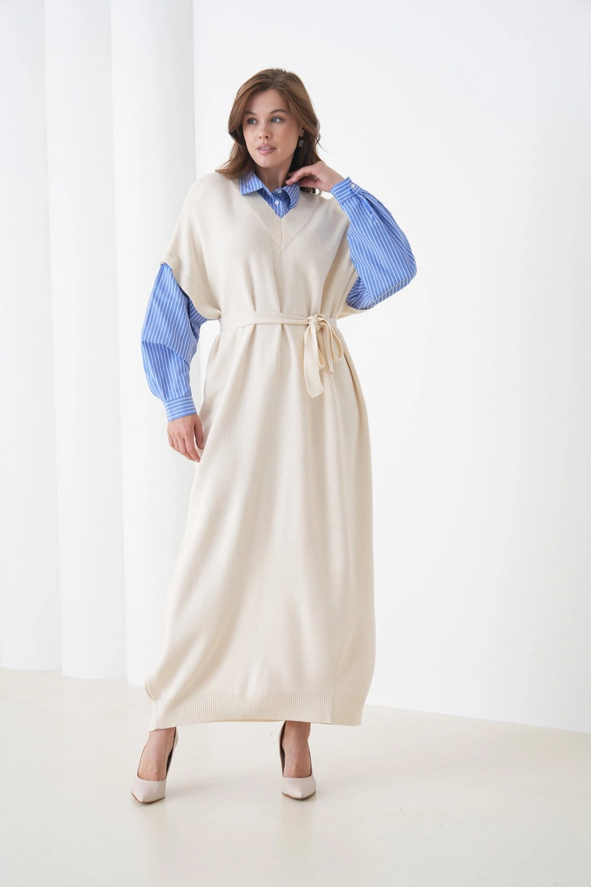 Kadın Uzun Kol Gömlek Yaka İçi Gömlekli Triko Kuşaklı Triko Spor Şık Elbise Bej