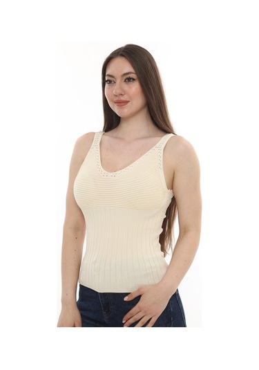 Monox Kadın Bluz V Yaka Gofre Nakışlı Yazlık Triko Atlet Bej
