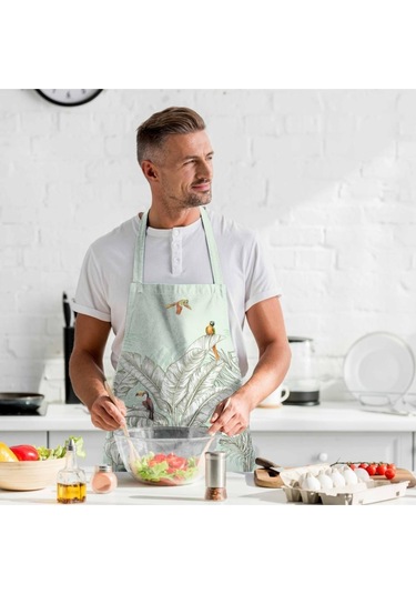 Renkli Palmiye Yaprak Detaylı Mutfak Önlüğü -keten Kumaş, Uluslararası Yıkama Ve Solmama Sertifikası Çok Renkli